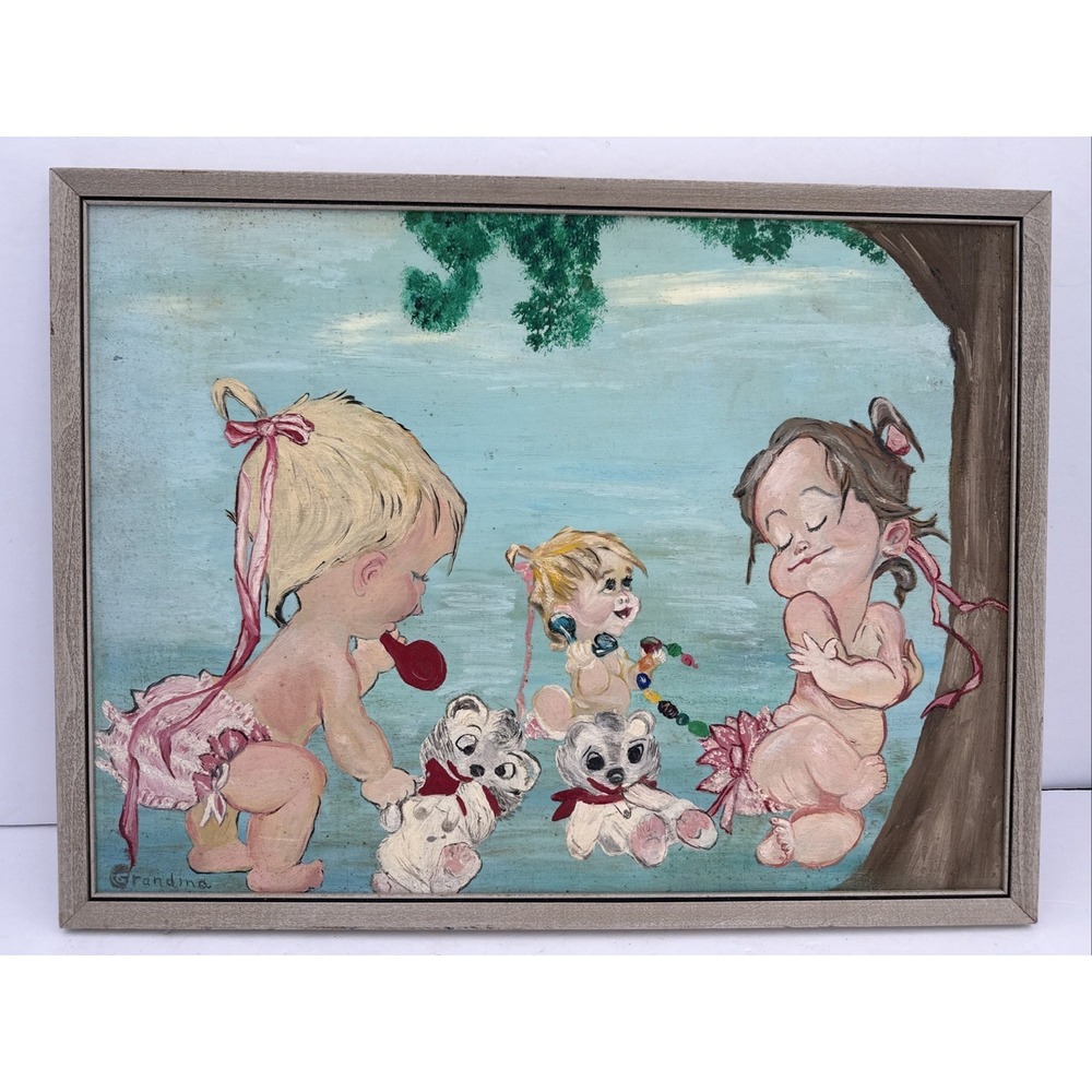 Vintage Hand Painted Nursery Children Folk Art Painting Signed "Grandma" Framed